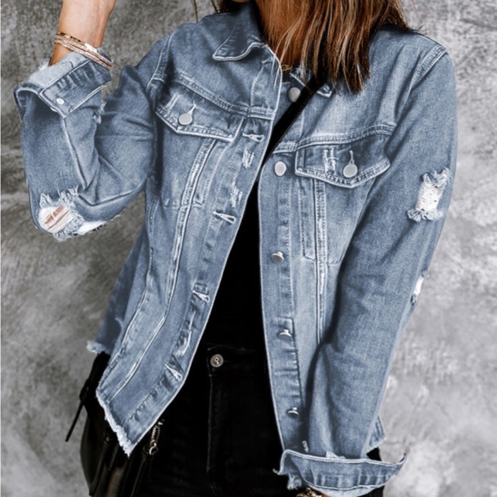Sky blue lapel distressed raw hem button denim jacket - Picture 5 of 12